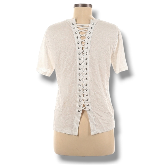 A.L.C. Linen Short Sleeve Top Size M White Lace Up Back Silver Grommets T-Shirt - Picture 3 of 10